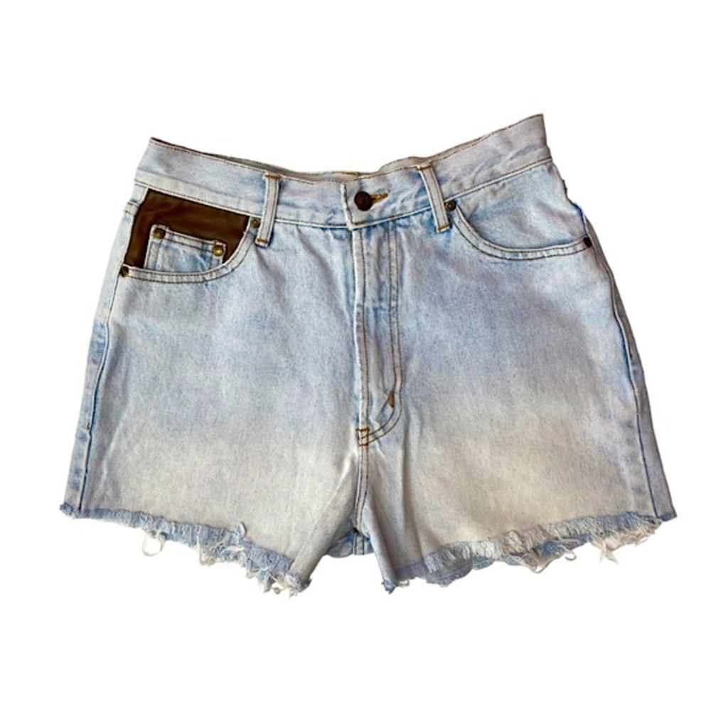 Vintage 90s Cutoff Denim Jean Shorts Patchwork Light Blue Wash Raw Hem 27/28